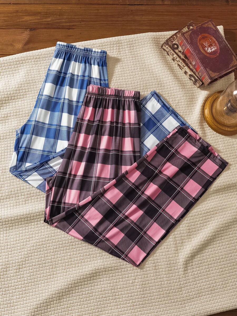 2 piezas/Set Pantalones de estar por casa a cuadros para hombre - Multicolor - Ver 1
