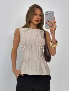 Aloruh 女士优雅通勤圆领收腰褶皱无袖衬衫 - 卡其色 - 查看 8