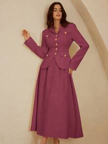 Aveloria Rosie 斜纹软呢面料优雅时尚修身女式外套，带纽扣口袋；斜纹软呢喇叭简约风女式半身裙，两件套 - 玫紅色 - 查看 3