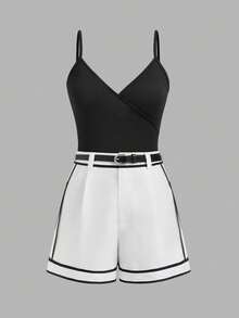 Franclia Women's Elegant Fitted Black Jumpsuit With Belt Contrast And White Shorts 2 Pieces Set - Black and White - View 3