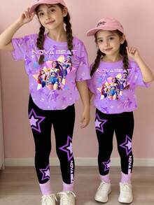 Bộ 2 món gồm áo nỉ ngắn tay và quần legging in hình trái tim hoạt hình K-Pop dành cho bé gái, thích hợp mặc hàng ngày và đi nghỉ mát, thoải mái và ấm áp. - Hồng - Xem 3