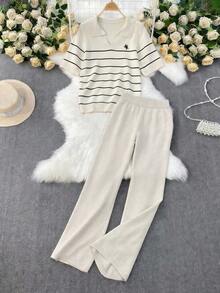 GlowEve 新款欧美时尚混色优雅百搭针织上衣、毛衣背心和裤子套装 - 卡其色 - 查看 7