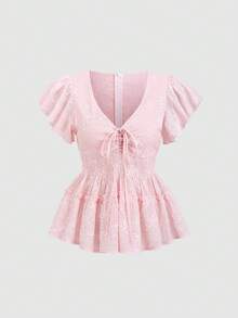 SHEIN Sweetro Spring/Summer New V-Neck Ruffle Sleeve Cinched Waist A-Line Blouse, Suitable For Outings And Commuting - Pink - View 1