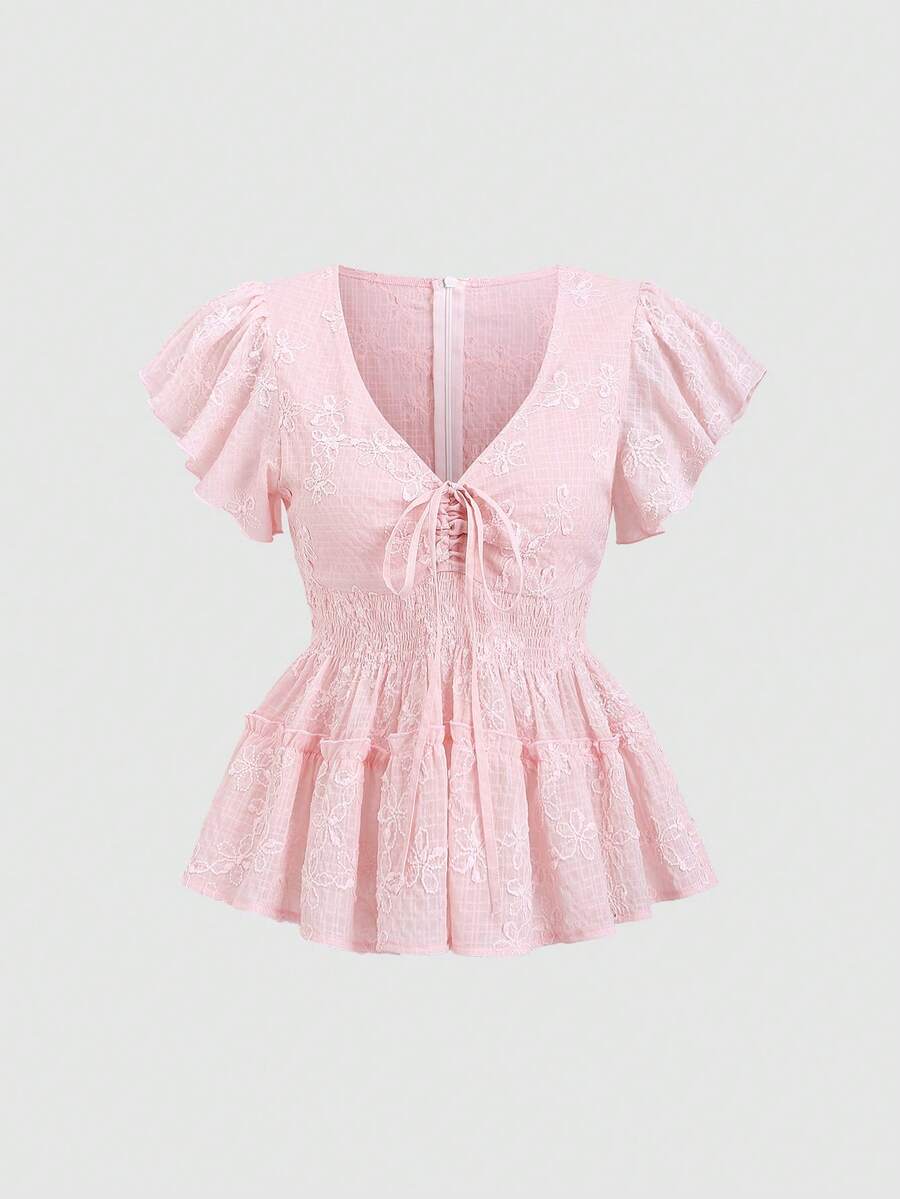 SHEIN Sweetro Spring/Summer New V-Neck Ruffle Sleeve Cinched Waist A-Line Blouse, Suitable For Outings And Commuting - Pink - View 1