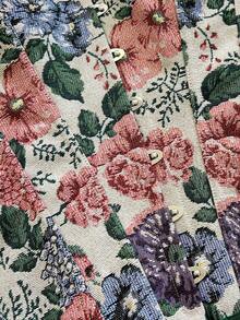 Soleia Áo croptop quây ngực kiểu cung đình cổ điển dành cho nữ, in họa tiết hoa jacquard nhiều màu sắc, có cúc và dây buộc phía sau. - Màu be - Xem 8