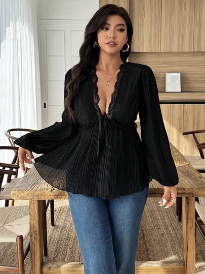 Weeklong V-Neck Lace Paneled Chiffon Long-Sleeve Shirt - Plus-Size Elegant Fashion Shirt For Spring & Summer