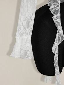 SHEIN ICON 2026 Noutate Sosire Femei Floral Lace Patchwork Ruffle Hem Față Cravată Mânecă Evazată Top La modă Cămașă Transparentă din Dantelă, Topuri pentru Ieșiri în oraș, Tricou Transparent de Festival Femei Alb Din Dantelă Covoraș - alb - Vizualizare 6