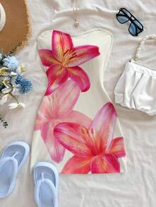 SHEIN Teen Girl Floral Print Casual Tube Dress - White - View 7