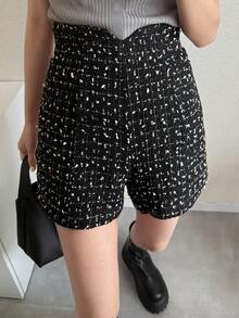 FRIFUL Quần short nữ cạp cao kẻ caro, kiểu dáng thanh lịch và thời trang, dáng rộng. - màu đen - Xem 6