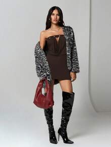 TRNVIE 1 chiếc đầm hai dây croptop khoét rỗng màu đen với khoen kim loại, đầm mini ôm sát hở lưng gợi cảm cho tiệc tùng, trang phục thường ngày, đầm màu nâu sô cô la thu đông dành cho nữ, đầm ôm sát, đầm không dây vai - màu nâu - Xem 6