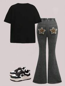 2pcs/Set Young Girl Casual Vintage Leopard Print & Star Graphic Loose Fit Round Neck Short Sleeve T-Shirt And Flare Pants, Suitable For Daily Wear, Spring & Summer - Multicolor - View 2