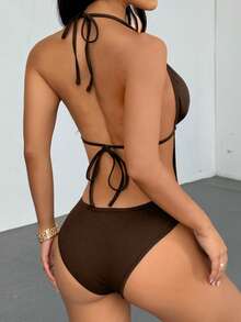 Flirla 黑色深V领露背系带连体衣，超弹力，柔软舒适，性感休闲，适合海滩、日常、夏季穿着。 - 棕色 - 查看 2