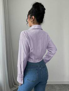 Selianne 女士休闲条纹短款褶皱长袖衬衫，春季 - 紫色 - 查看 2