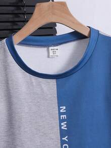 SHEIN 两件套男童休闲撞色圆领短袖T恤短裤套装，适合通勤、上学、日常休闲穿着、运动、春夏穿着。 - 彩色 - 查看 5