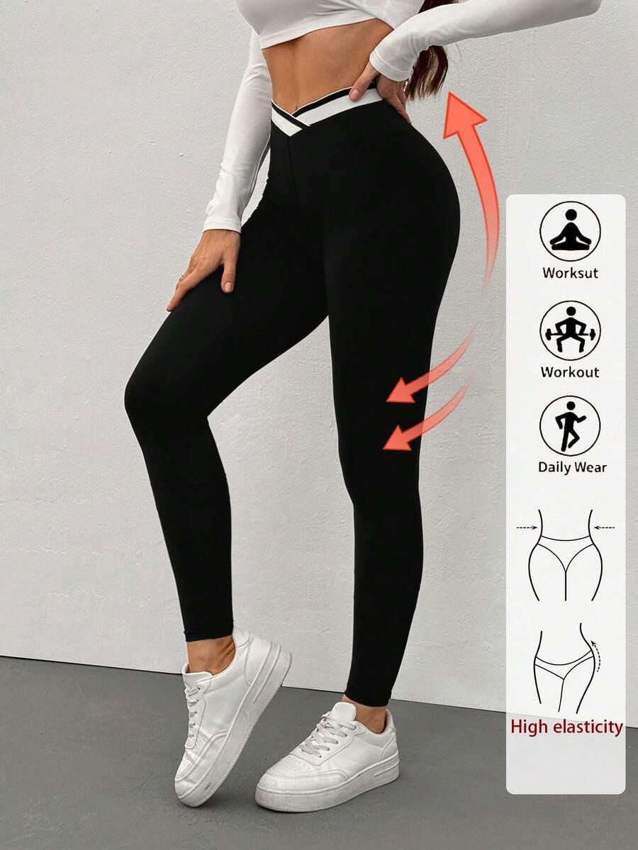 SHEIN Tall 黑白撞色拼接休闲深V腰线女式打底裤 - 黑色 - 查看 1