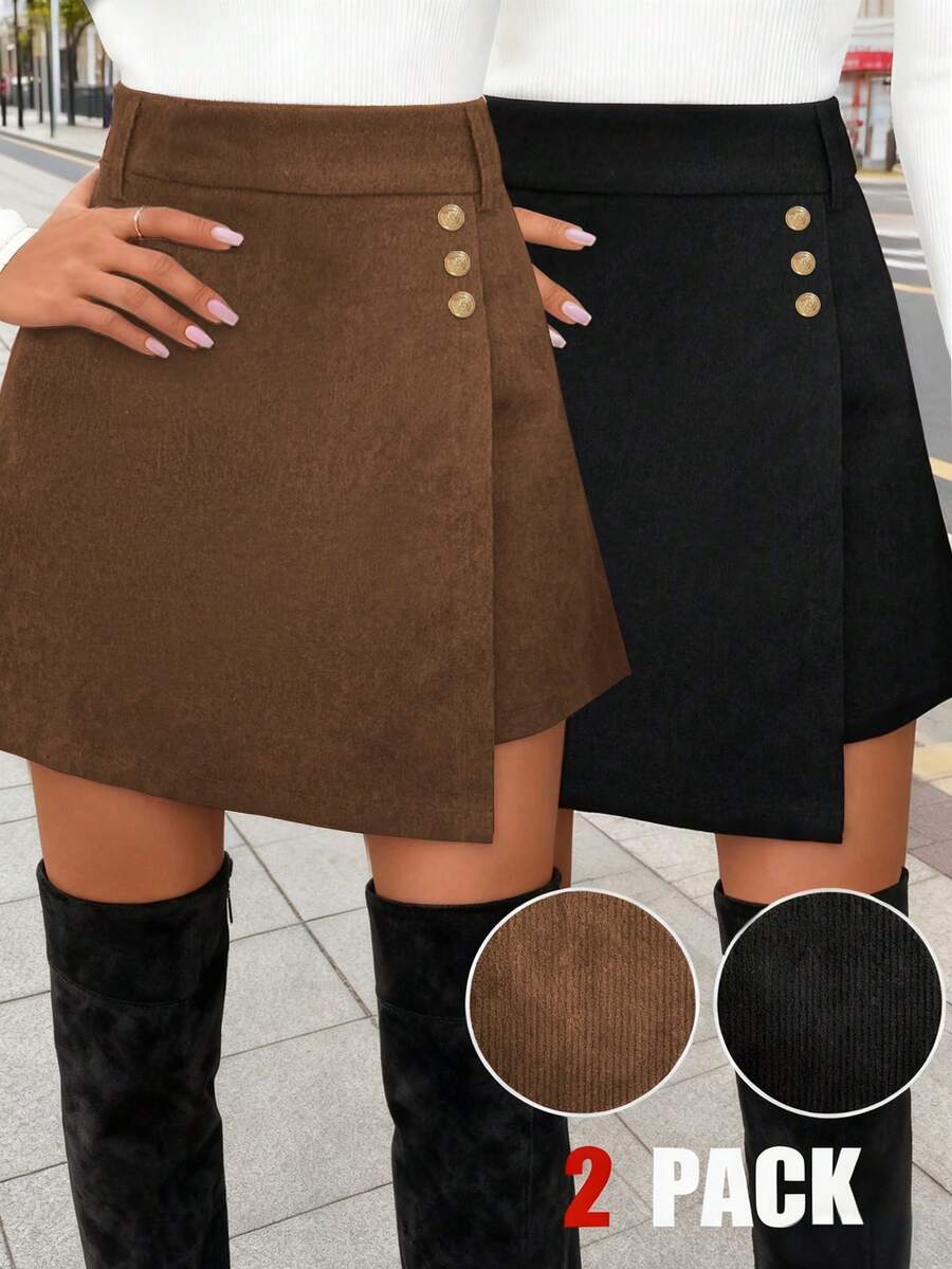 EMERY ROSE Pantalones falda de talla grande para mujer con cintura alta, unicolor, diseño de botones y bajo asimétrico - Multicolor - Ver 1