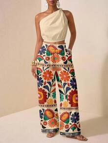 Zivah Casual Vacation Style Geometric Print Placement Pattern One Shoulder Twist Cutout Cropped Women's Top And Straight Loose Pants With Ruffle Hem Pockets, Women's 2 Pieces Set Suitable For Spring/Summer Vacation - Multicolor - View 3