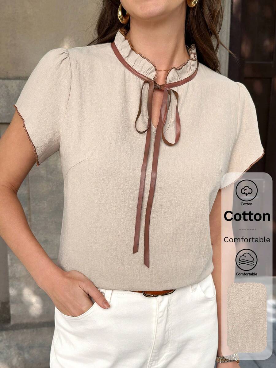 Solivie Áo kiểu nữ mới, thời trang và thanh lịch với viền bèo nhún, họa tiết hoa phối màu tương phản, phù hợp cho mặc hàng ngày, đi làm và nhiều dịp khác nhau. - Màu be - Xem 1