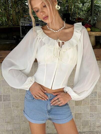 MainGRL Women's Solid Color Ruffle Trim Front Tie Lantern Long Sleeve Fashionable Chiffon Blouse,Spring To Summer