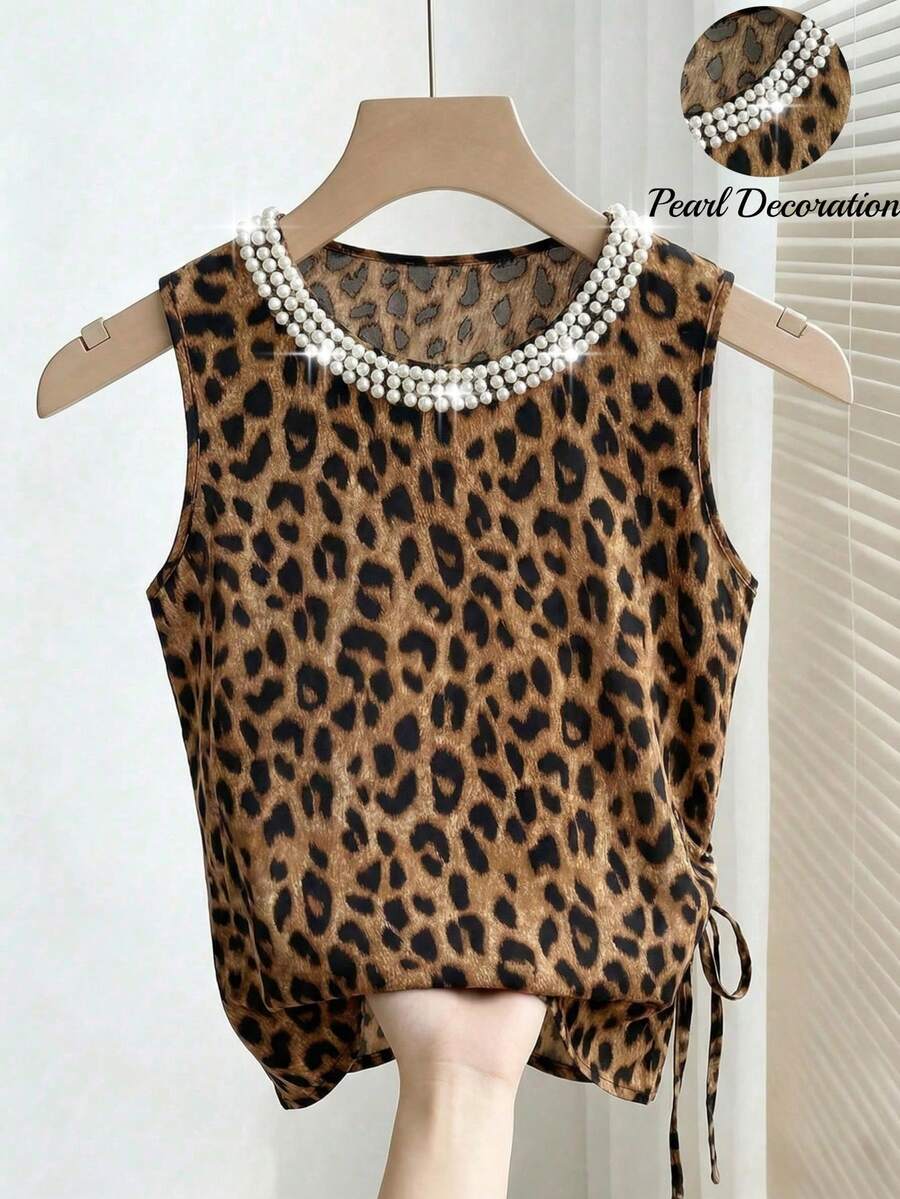 Franclia Leopard Print Fitted Sleeveless Top With Shimmering Pearls Neckline And Side Ruching,Dark Brown,Summer,Seductive,Party Night,Modern Cinched Waist Top - Multicolor - View 1