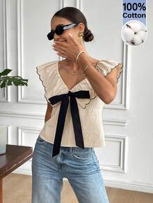 Serisse Áo kiểu nữ mùa hè kiểu Pháp 100% cotton màu trơn trang trí nơ, viền bèo nhún, áo sơ mi nữ trơn có bèo nhún, cổ áo thanh lịch và ruy băng, trang phục đi nghỉ mát cho nữ, trang phục miền Tây cho nữ, trang phục mùa hè cho nữ, trang phục thường ngày cho kỳ nghỉ, trang phục nghỉ dưỡng. - Màu be - Xem 4