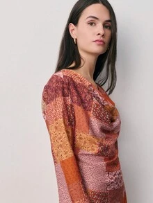 Nöista Print Dress, Mini Dress, Long Sleeve, Draped Neckline, Cowl Neck, Ruffled Hem, Flared Cuffs, Baby Overlock Finish Spring, Summer. - Multicolor - View 3