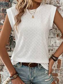 SHEIN LUNE Camiseta de cuello redondo de unicolor y textura casual de verano - Blanco - Ver 6