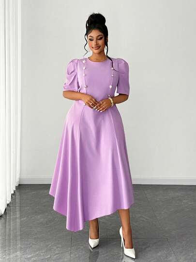 Maweii 女士优雅纯色圆领短袖不规则下摆泡泡袖手帕式下摆收腰连衣裙，饰有金属扣，适合度假、休闲、通勤、日常穿着，时尚设计，尺码齐全，从小码到大码均有，长款连衣裙