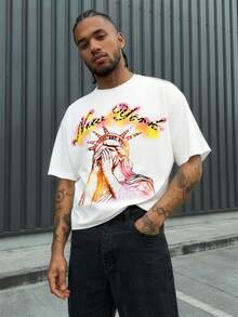 AXEPEAK Men's Crew Neck Drop Shoulder Short Sleeve Creative New York Print Summer Versatile T-Shirt - White - View 1