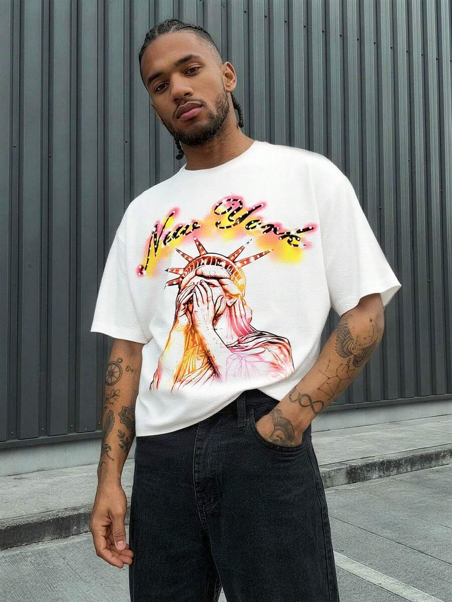 AXEPEAK Men's Crew Neck Drop Shoulder Short Sleeve Creative New York Print Summer Versatile T-Shirt - White - View 1
