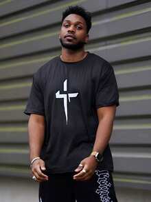 Heavens Edit Men's Round Neck Short Sleeve Minimalist Cross Print T-Shirt, Casual Daily Wear - Black - View 5