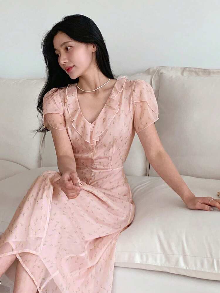 Women's V-Neck Ditsy Floral Waist Cinched Mid-Length Dress Maxi Dress