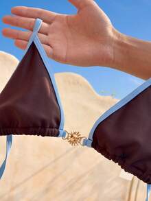 Bonvoyette Bộ bikini buộc dây cổ yếm màu trơn gợi cảm - Cà phê nâu - Xem 5