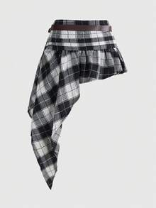 ROMWE J-Fashion Grunge 复古格纹系带不对称层叠女裙 - 黑色 - 查看 2