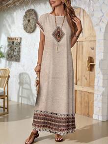 EMERY ROSE Đầm dài nữ phong cách Boho với họa tiết nhiều màu sắc, cổ tròn, tay cánh dơi ngắn, dáng xòe. - Nhiều màu - Xem 6