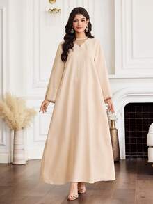 Yasmyna Al-Adha Women's Champagne Beige Embroidered Modest Maxi Dress,Long Sleeve Kaftan Style A-Line Dress With Sheer Polka Dot Mesh Yoke & Side Slit - Khaki - View 4