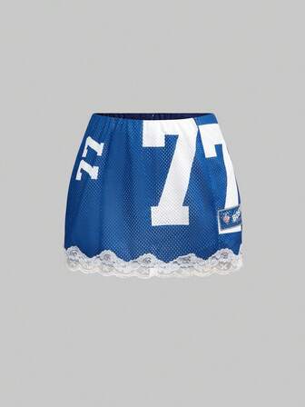 ROMWE Avant Gonna mini a vita bassa da donna con stampa numerica a contrasto di colore e bordo in pizzo, stile sportivo e sexy