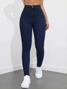 SHEIN PETITE Women's Casual Washed Skinny Jeans - Dark Wash - View 1