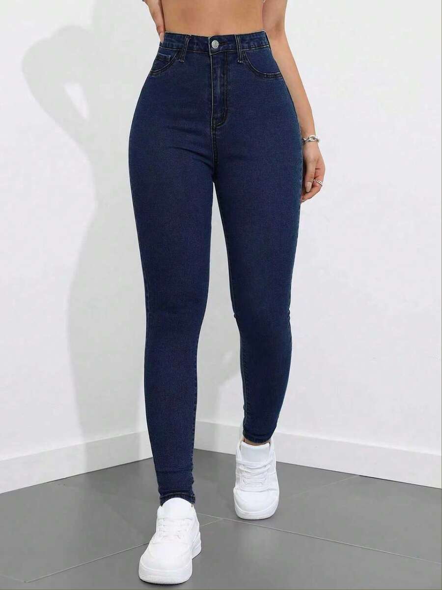 SHEIN PETITE Women's Casual Washed Skinny Jeans - Dark Wash - View 1