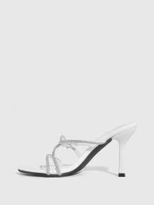 CUCCOO SZL Women's Rhinestone Decor Casual Slip-On High Heel Mules Prom Heels - White - View 9