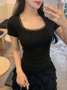 DAZY 女士撞色蕾丝短袖修身T恤 夏季 - 黑色 - 查看 2