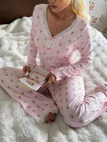 SHEIN 粉色郁金香针织提花印花蕾丝边长袖睡衣套装 - 粉色 - 查看 4