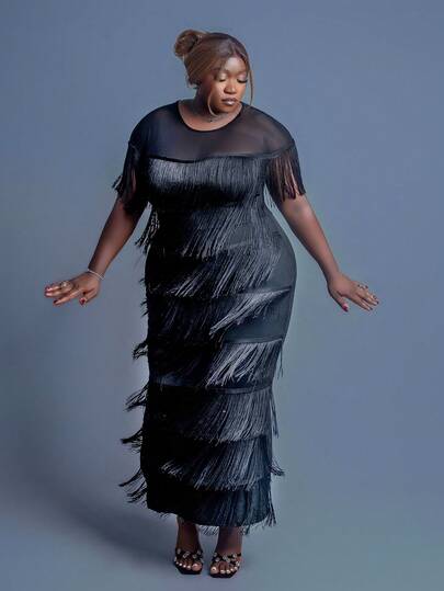 CurvyTilda 春夏秋冬优雅端庄派对婚礼情人节鸡尾酒会音乐会/音乐节黑色针织圆领飘逸撞色网眼流苏长款短袖大码连衣裙大码女装纯色圆领短袖拼接多层流苏修身优雅连衣裙女士连衣裙优雅婚礼宾客礼服女士婚礼宾客礼服曲线优雅女士连衣裙新娘母亲婚礼礼服女士优雅服装秋季服装黑色连衣裙优雅优雅优雅连衣裙优雅连衣裙优雅婚礼宾客礼服优雅婚礼宾客礼服