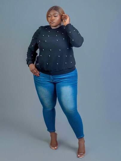 CurvyTilda 优雅珍珠缀饰长款羊腿袖圆领大码女式运动衫，秋冬款