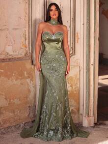 Glamrae 优雅奢华的绿色3D立体花朵串珠弹力针织美人鱼裙，性感无肩带设计，适合婚礼、派对、度假、盛大晚宴等场合（装饰繁复） - 橄欖綠 - 查看 10