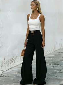 SHEIN Unity Women's Elegant Summer Office Two Piece Outfit,Plain Black And White Scoop Neck Camisole Top And Wide Leg Pants Set With Zipper,Chic Greece Outfits - Black and White - View 5