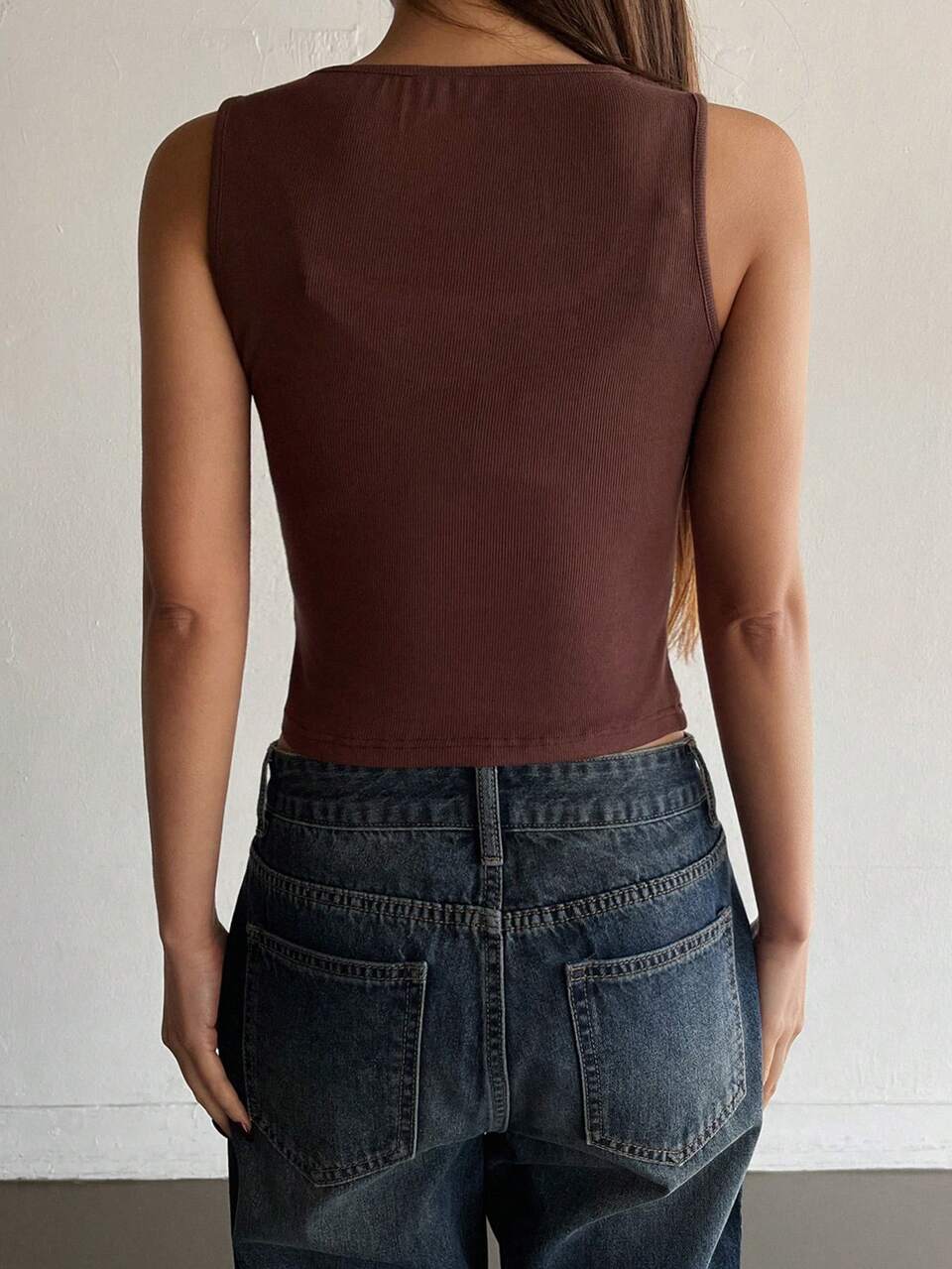 Women's Solid Color Fitted Beaded Decor Square Neck Casual Vacation Top, Spring/Summer Y2k Crop Top