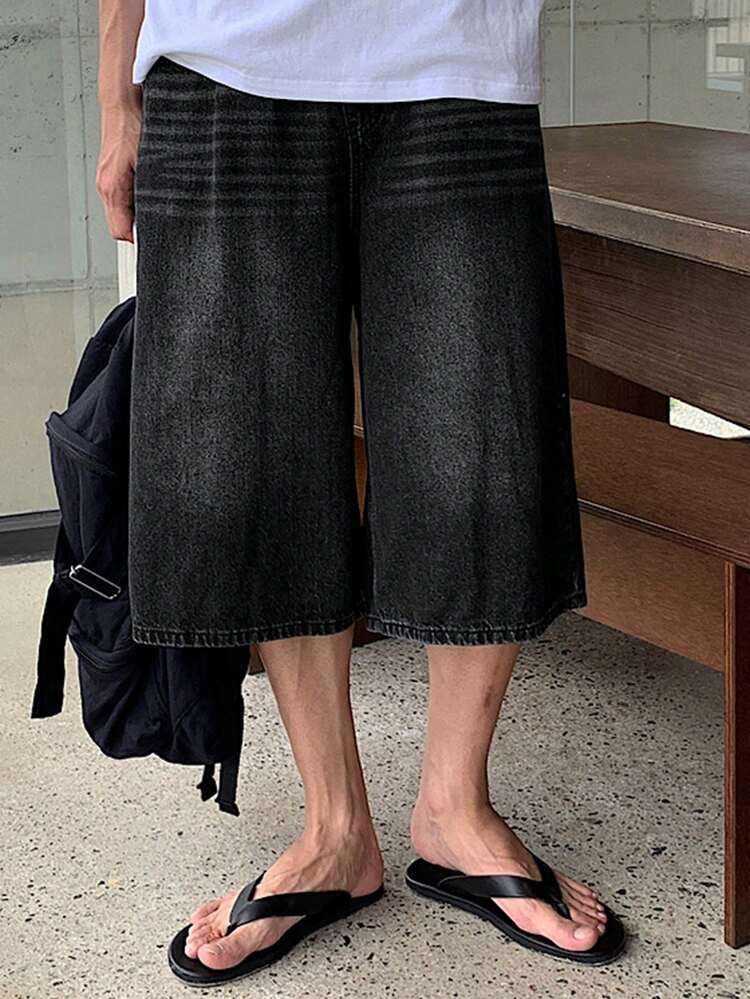 Men's Black Washed Denim Shorts With Belt, Summer