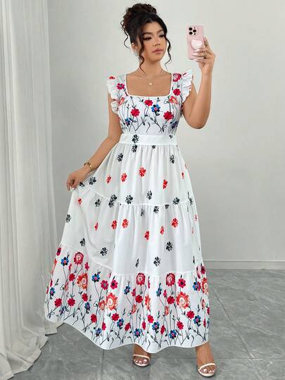 Elenzga Plus Size Watercolor Floral Print V-Neck Puff Sleeve A-Line Maxi Dress, Elegant For Outings, Vacation, Dates, Parties