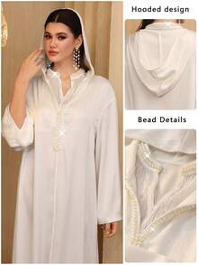 Al Najma 优雅奢华二合一立领连帽泡泡珍珠喇叭袖连衣裙，春夏款 - 白色 - 查看 2